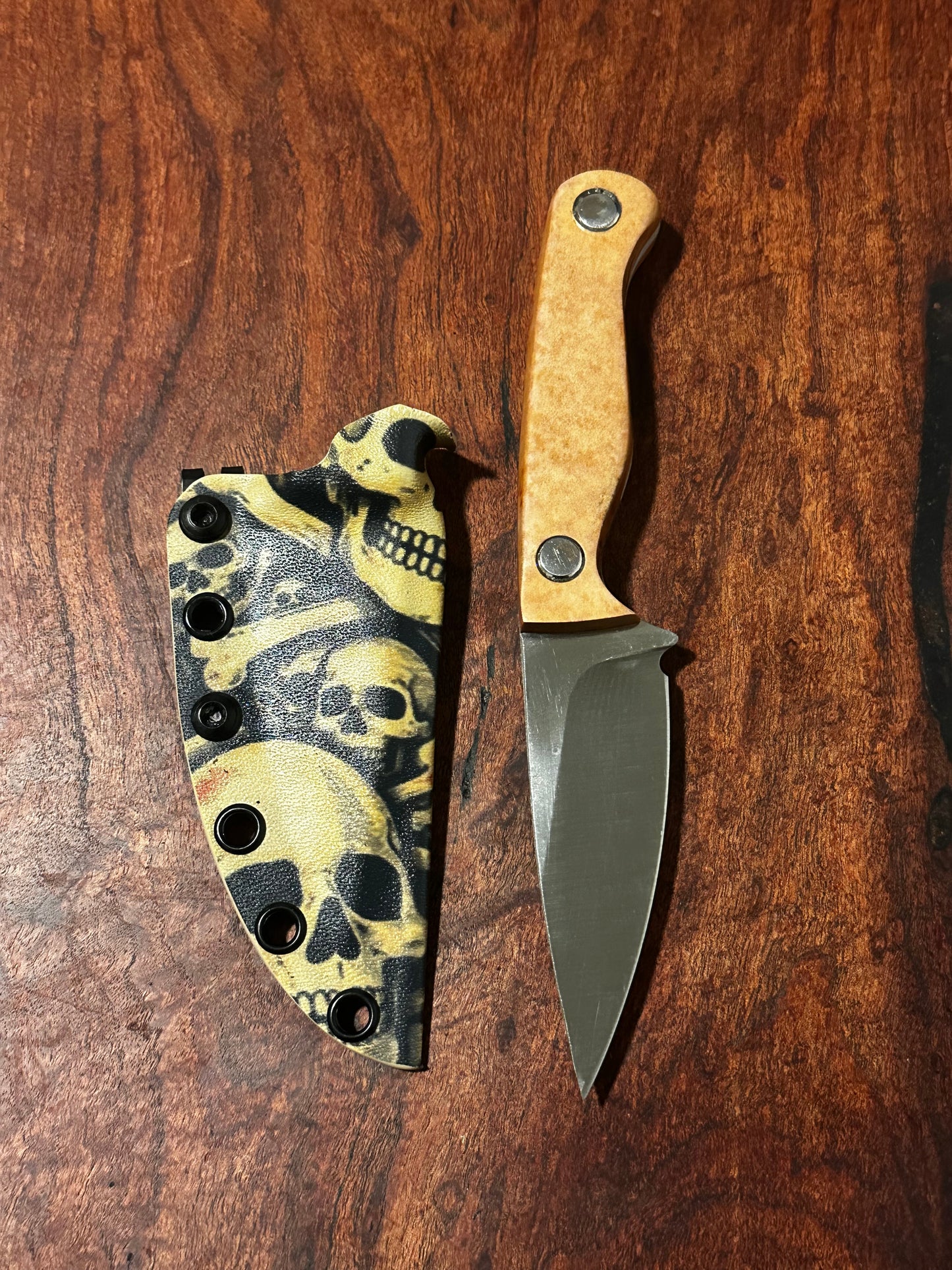 Bracero Fixed Blade Hunting Knife 8Cr13MoV Steel w/ Tan Handle Skull & Bones Sheath