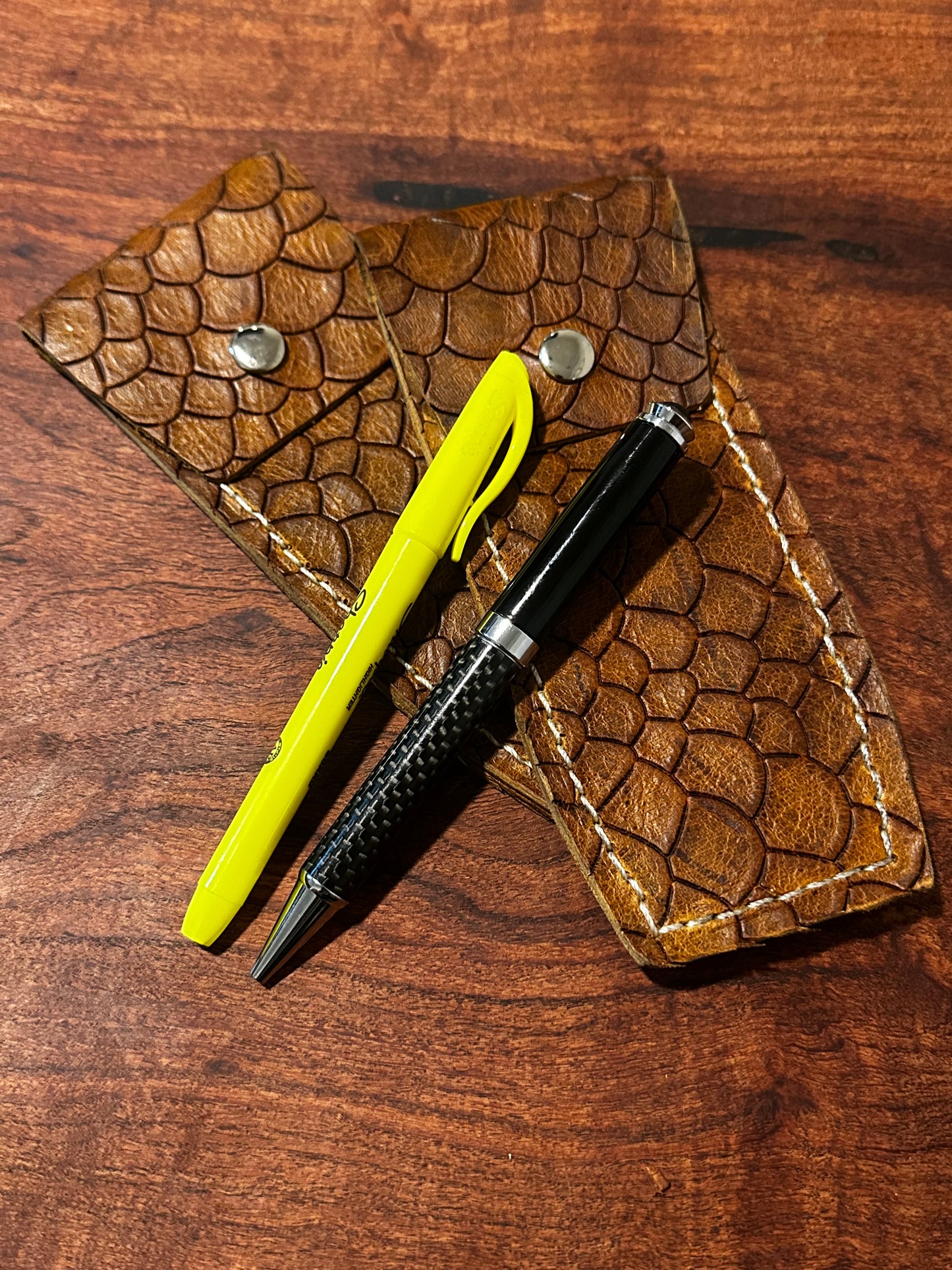 Handmade Brown Dragon Scale Leather Pen Case Two-Pen EDC Pouch White Stitching RockinEDC