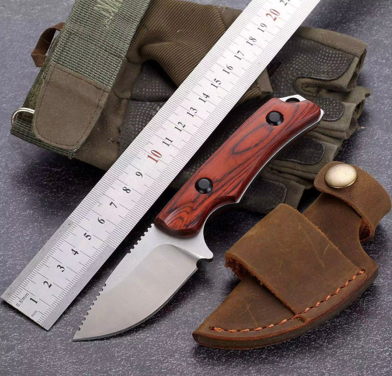 Compact Fixed Blade Knife – 8Cr13MoV Steel w/ Wood Handle & Leather Sheath (7.7”)