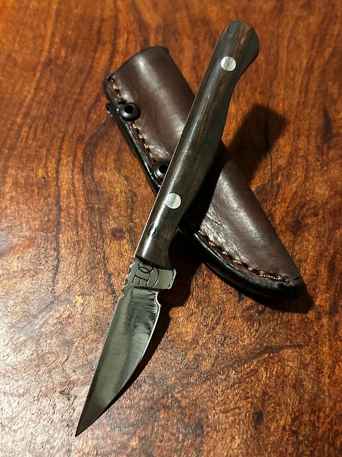 RockinEDC Flaco Fixed Blade Knife 80CrV2 High Carbon Steel Macassar Ebony handle & leather sheath Texas Made