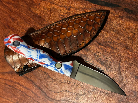 Fixed Blade Hunting Knife – 8Cr13MoV Steel w/ USA Red White Blue Handle & Leather Sheath
