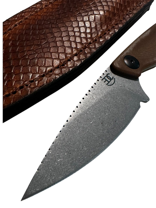Compact 7.5” Stonewash Fixed Brown Micarta Handmade leather Sheath