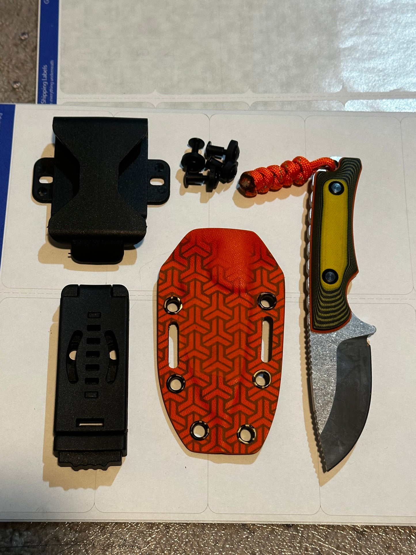 D2 Fixed Blade EDC Knife w/ Custom Orange Triangle Pattern Kydex Sheath G10 Handle Dual Carry Clips 6.3”