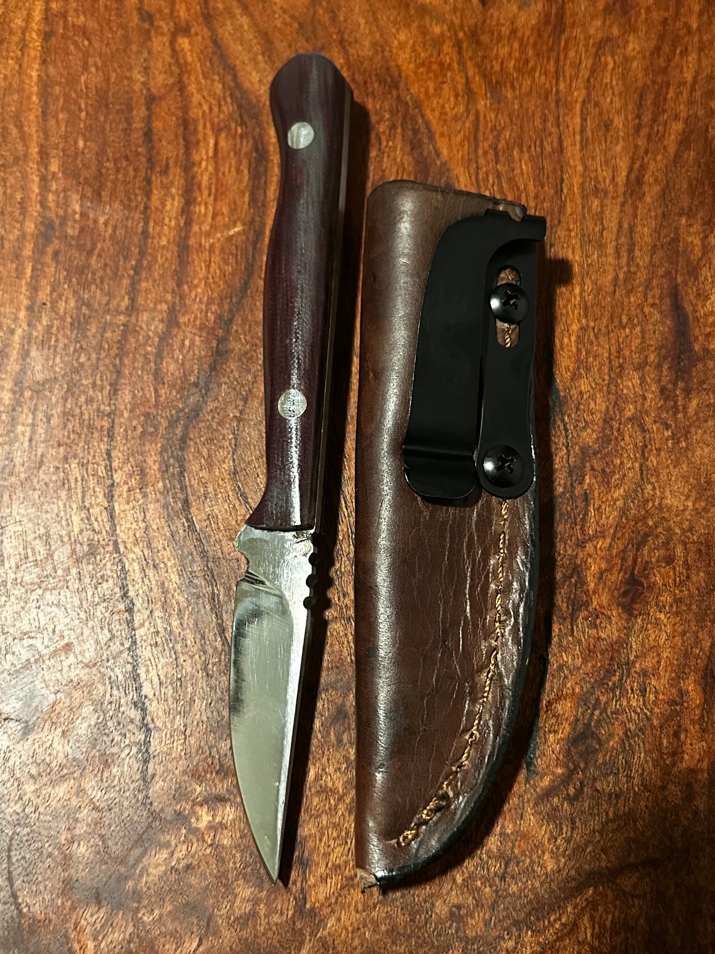 RockinEDC Flaco Fixed Blade Knife 80CrV2 High Carbon Steel Maroon Micarta handle & leather sheath Texas Made
