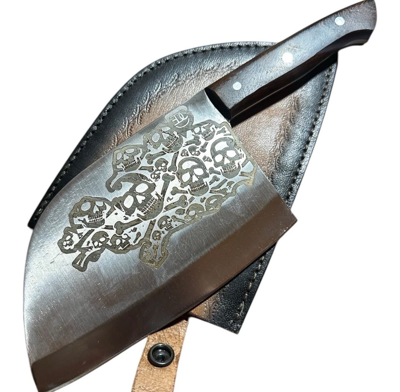1095 Carbon Steel Cleaver 11X4 Skull Engraved w/ Leather Sheath Handmade BBQ