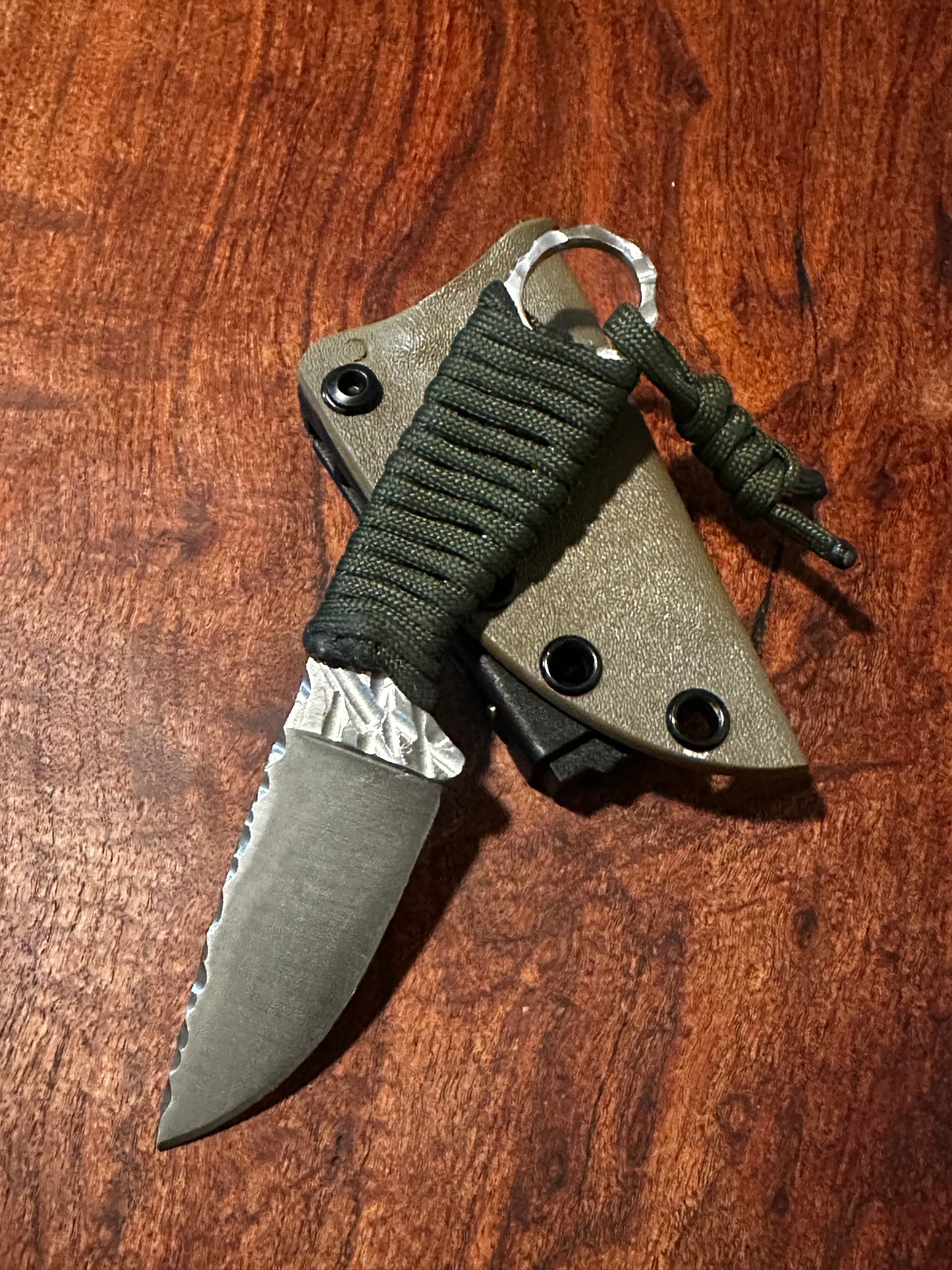 Handmade 8Cr13MoV Fixed Blade EDC Knife 2.375” Blade Forest Green Paracord Handle Kydex Sheath