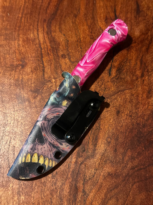 Handmade 8Cr13MoV Fixed Blade EDC Knife 3” Blade Pink Resin Handle Zombie Kydex Sheath