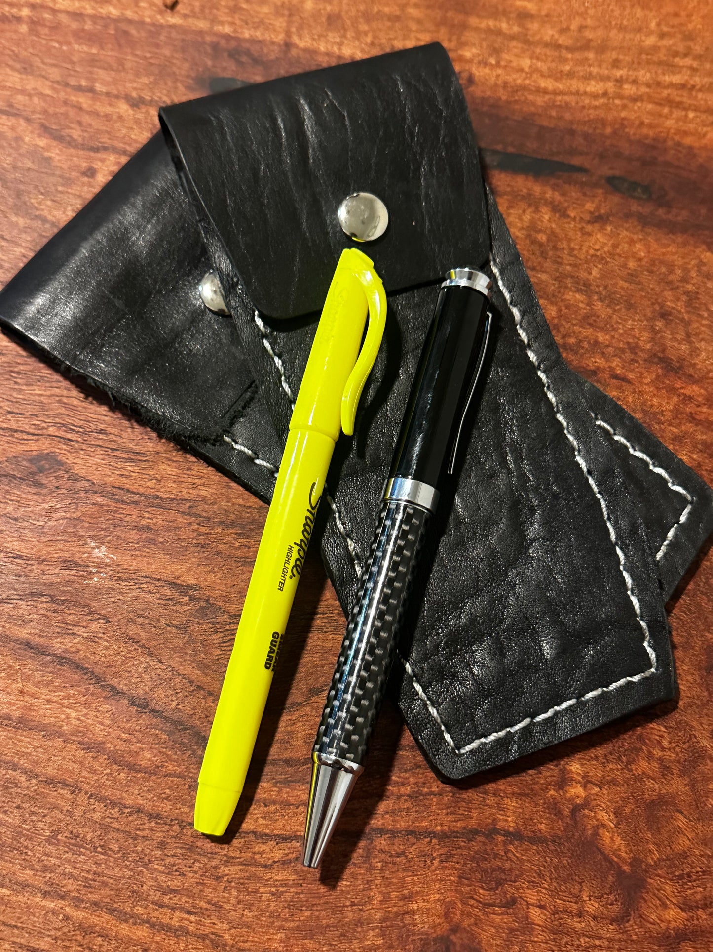 Handmade Black Leather Pen Case Two-Pen EDC Pouch White Stitching RockinEDC