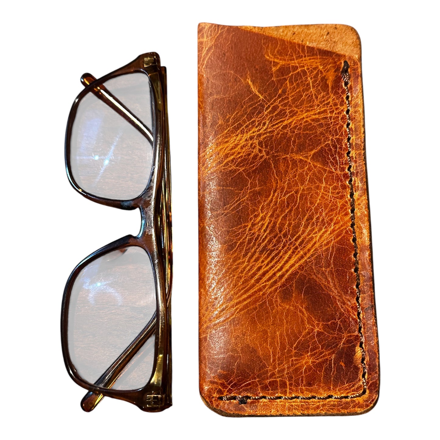 RockinEDC Handmade Leather Eyeglass Sleeve Orange Brown Glasses Case 6X2.5 - 2.25 Opening