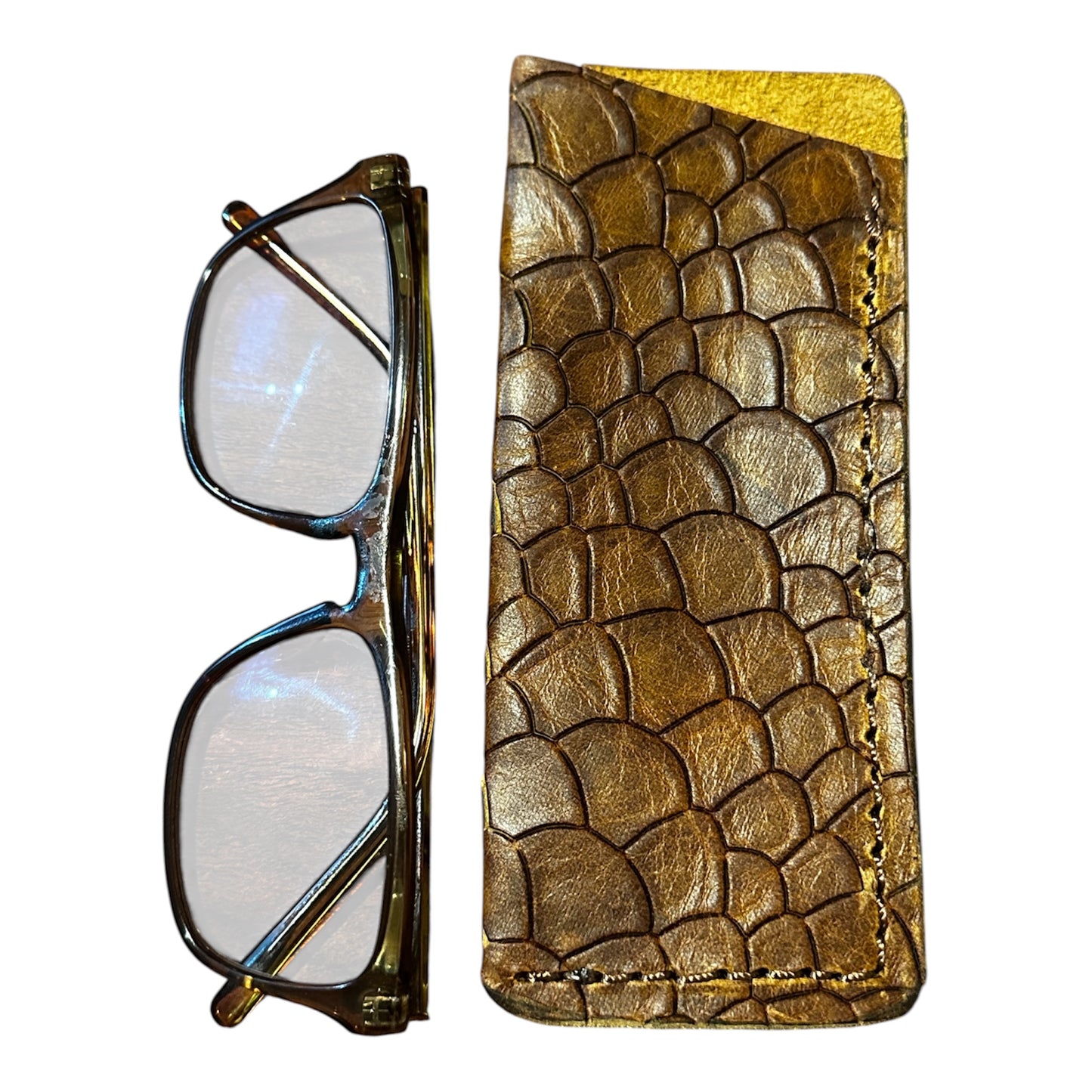 RockinEDC Handmade Leather Eyeglass Sleeve Dragon Scales Brown Glasses Case 6X2.5 - 2.25 Opening