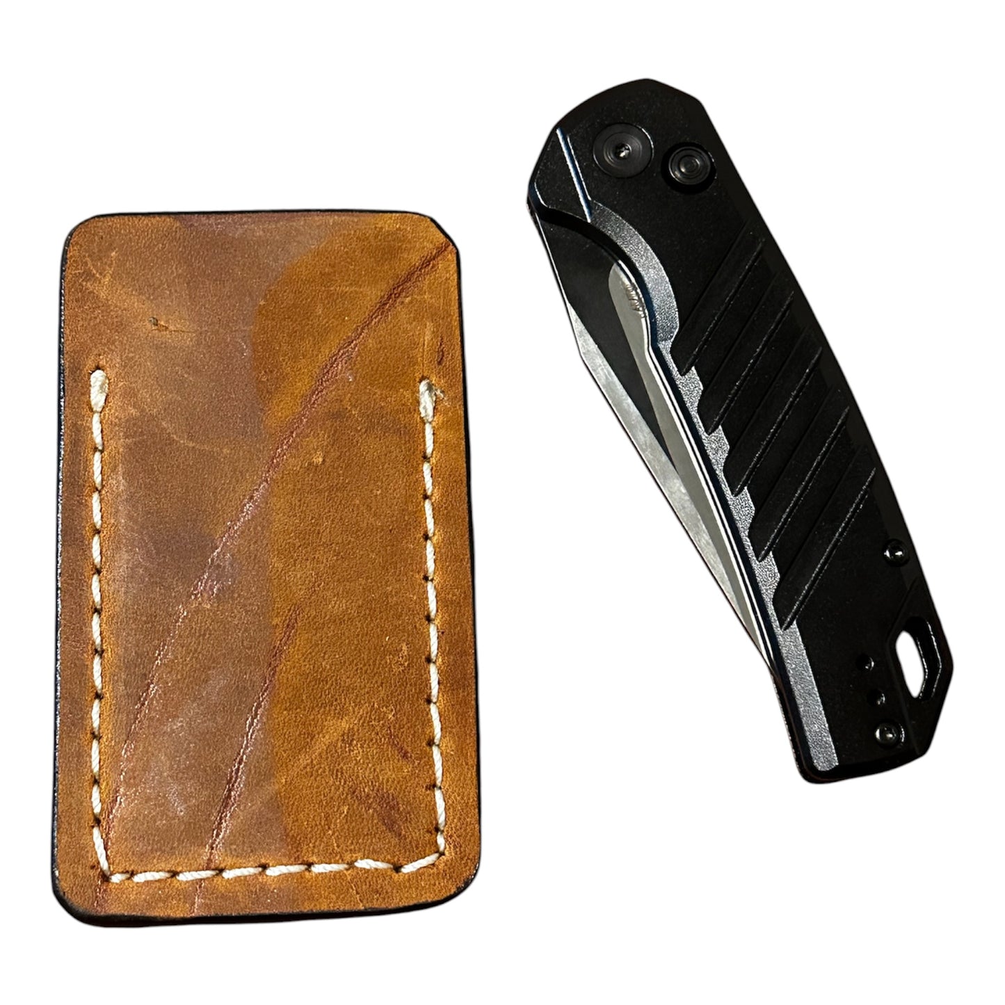 Handmade RockinEDC Leather Pocket Knife Slip EDC Knife Pouch Matt Brown White Stitching Case Boker Kershaw SpyderCo