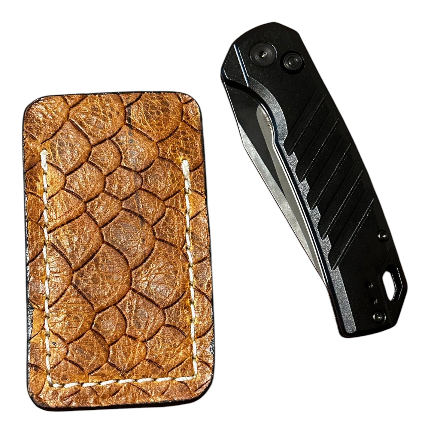 Handmade RockinEDC Leather Pocket Knife Slip EDC Knife Pouch Brown Scales Pattern White Stitching Case Boker Kershaw SpyderCo