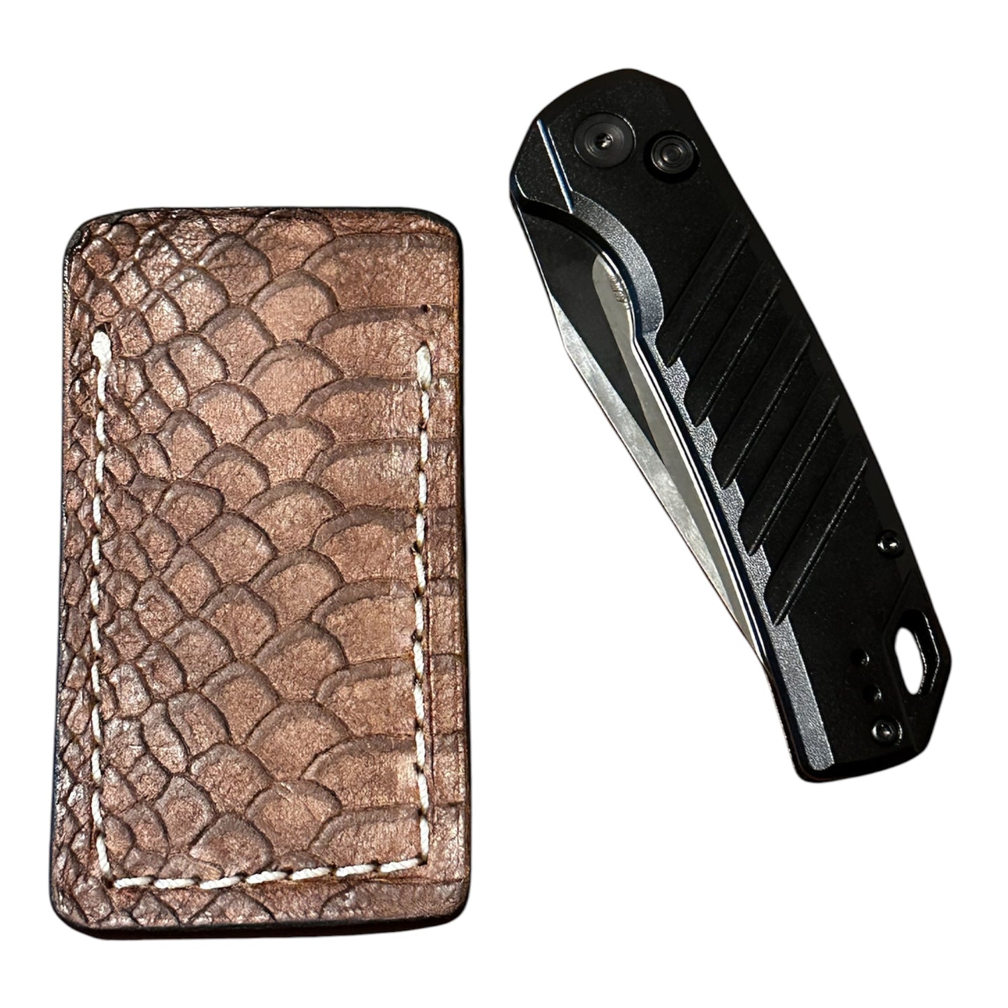 Handmade RockinEDC Leather Pocket Knife Slip EDC Knife Pouch Brown Snakeskin Pattern White Stitching Case Boker Kershaw SpyderCo