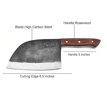 Butcher knife with measurements labeled on a white background