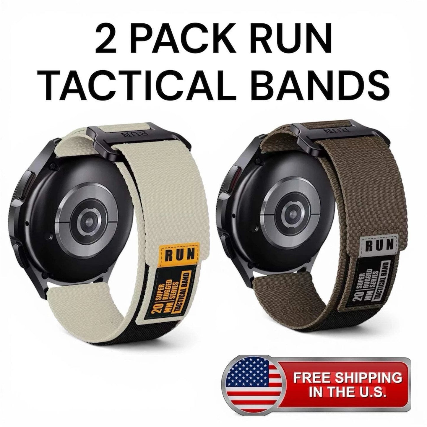 2 Pack 22mm Tactical Nylon Watch Bands Military Rugged Sports Strap Brown Tan