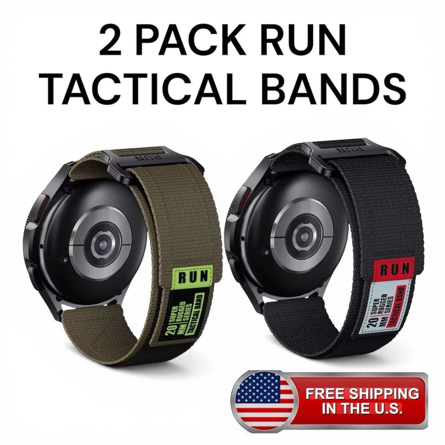 2 Pack 22mm Tactical Nylon Watch Bands Black Green Military Rugged Sports Strap