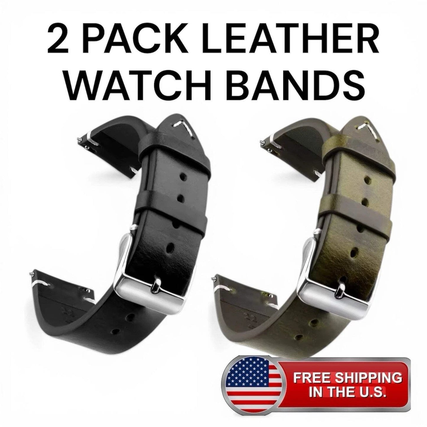 2 Pack 22mm Vintage Leather Watch Bands Distressed Green Black Strap