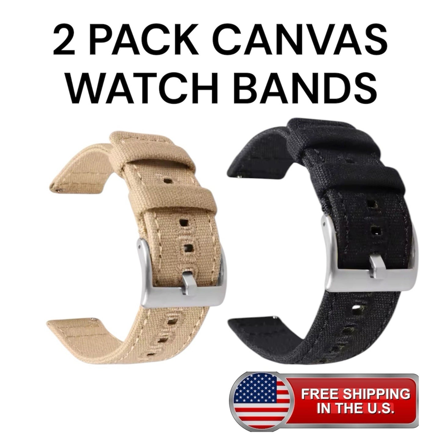 2 Pack Canvas Watch Bands Rugged Fabric Strap Military Style Black/ Khaki 20mm