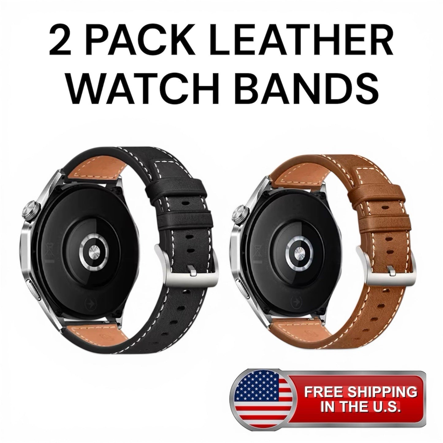 2 Pack Leather Watch Bands Classic Strap Soft Luxury Feel Black/Brown 22mm