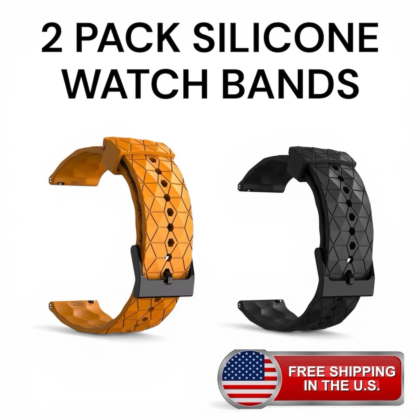2 Pack Silicone Watch Bands Sport Strap Waterproof Yellow/ Black 22mm Athletes