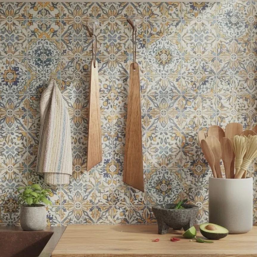 Decorative kitchen scene with patterned wallpaper, wooden utensils, and a cutting board.