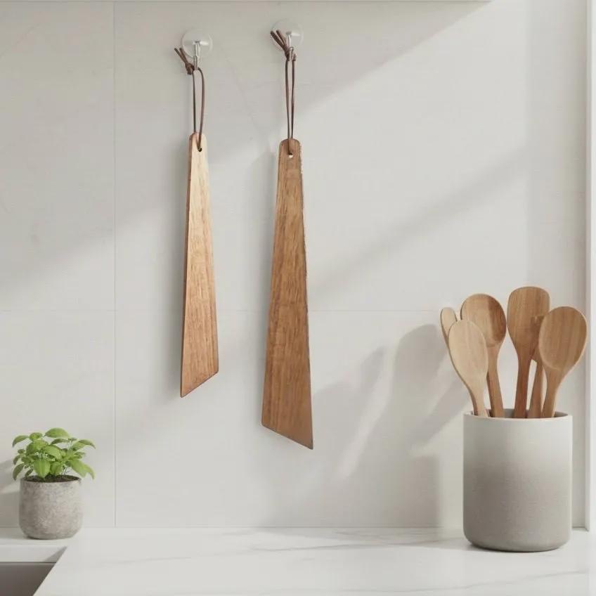 Two wooden spatulas hanging on a hook against a white wall, with a container of wooden spoons below.