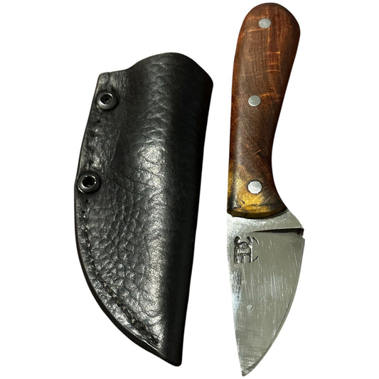 RockinEDC Blade Short Skinner Knife Forged 5160 Steel w/ Mesquite Handle & Leather Sheath