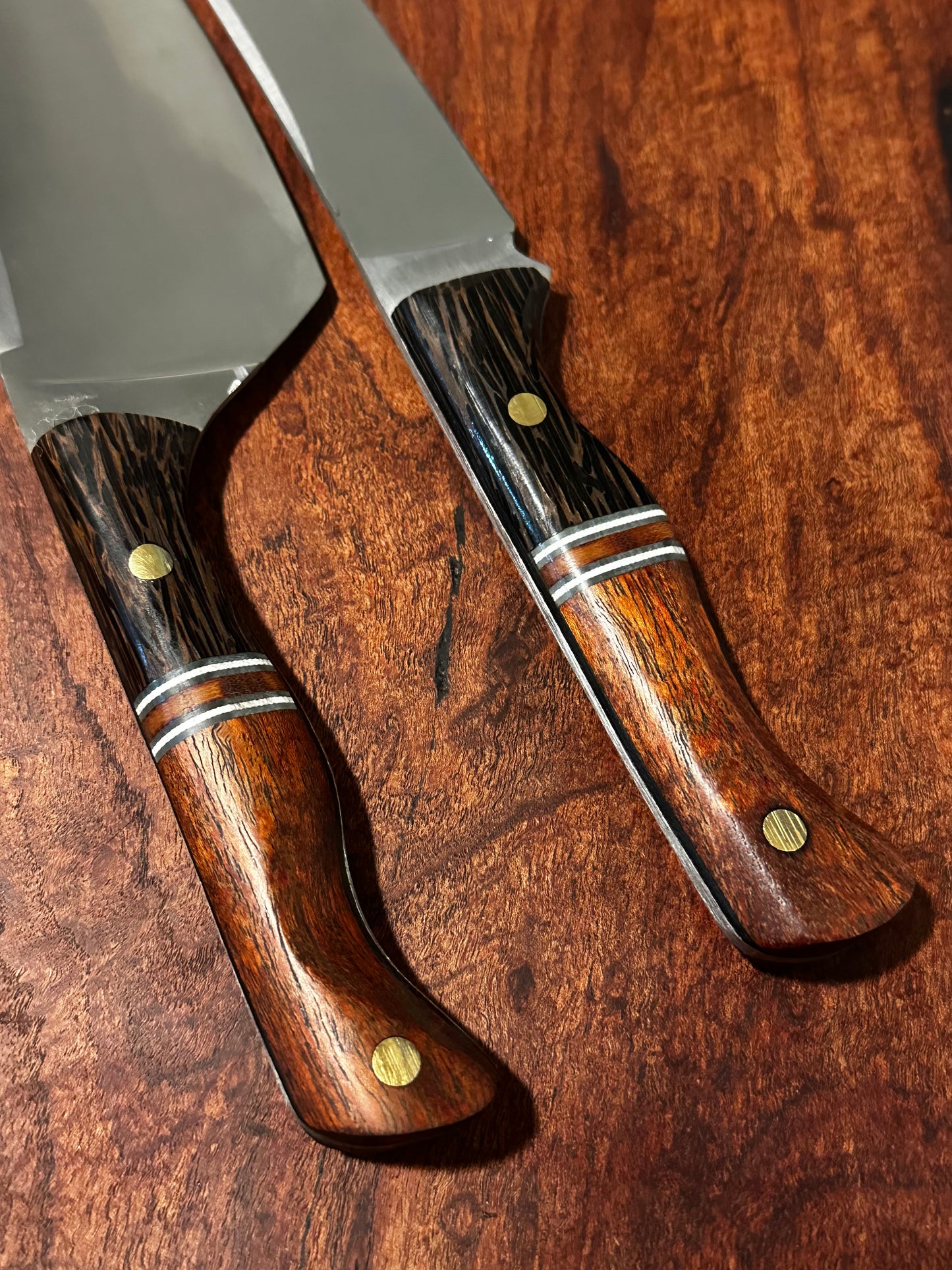 Custom Handled Stainless Kitchen Knife & Cleaver Set Black Palm Mesquite