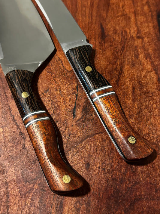 Custom Handled Stainless Kitchen Knife & Cleaver Set Black Palm Mesquite