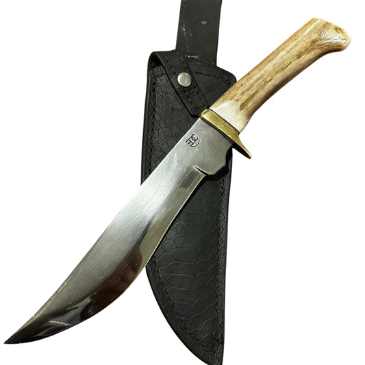 Handmade Carbon Steel Bowie Knife White Tail Stag Handle w/ Leather Sheath