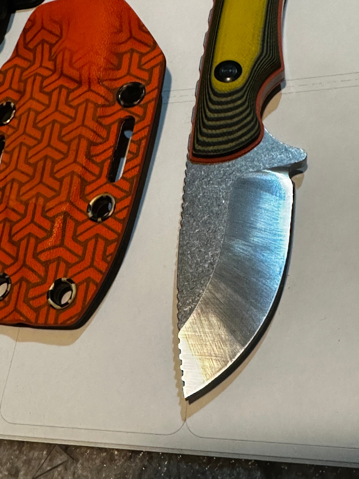 D2 Fixed Blade EDC Knife w/ Custom Orange Triangle Pattern Kydex Sheath G10 Handle Dual Carry Clips 6.3”