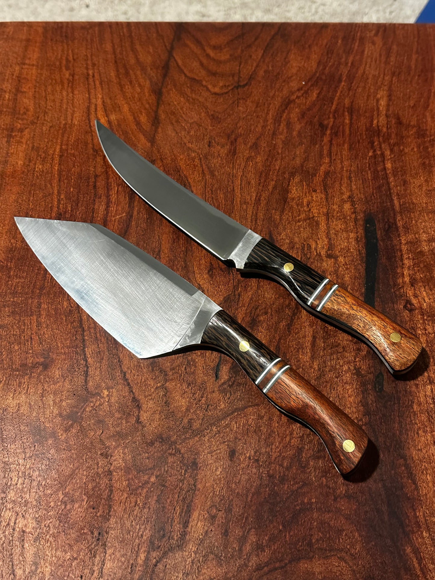 Custom Handled Stainless Kitchen Knife & Cleaver Set Black Palm Mesquite