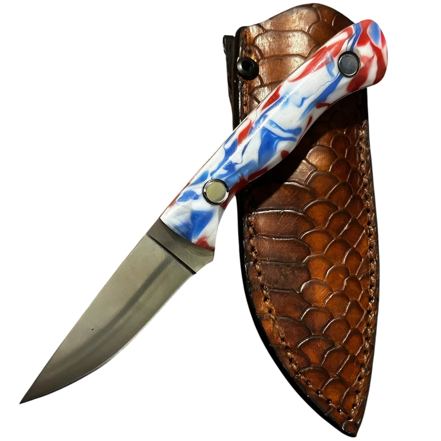 Fixed Blade Hunting Knife – 8Cr13MoV Steel w/ USA Red White Blue Handle & Leather Sheath