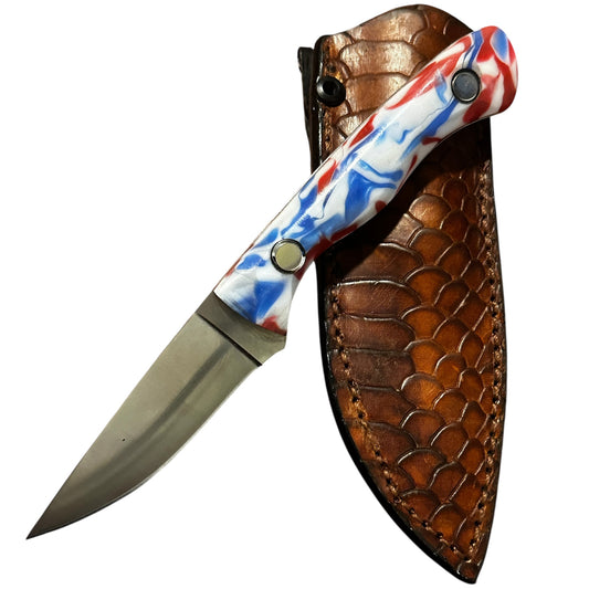 Fixed Blade Hunting Knife – 8Cr13MoV Steel w/ USA Red White Blue Handle & Leather Sheath
