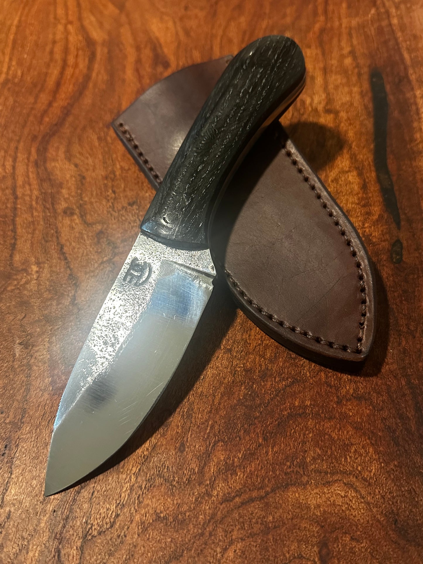 Jinete Hand Forged 5160 Fixed Blade Knife Ukrainian Bog Oak Handle Handmade Leather Sheath RockinEDC
