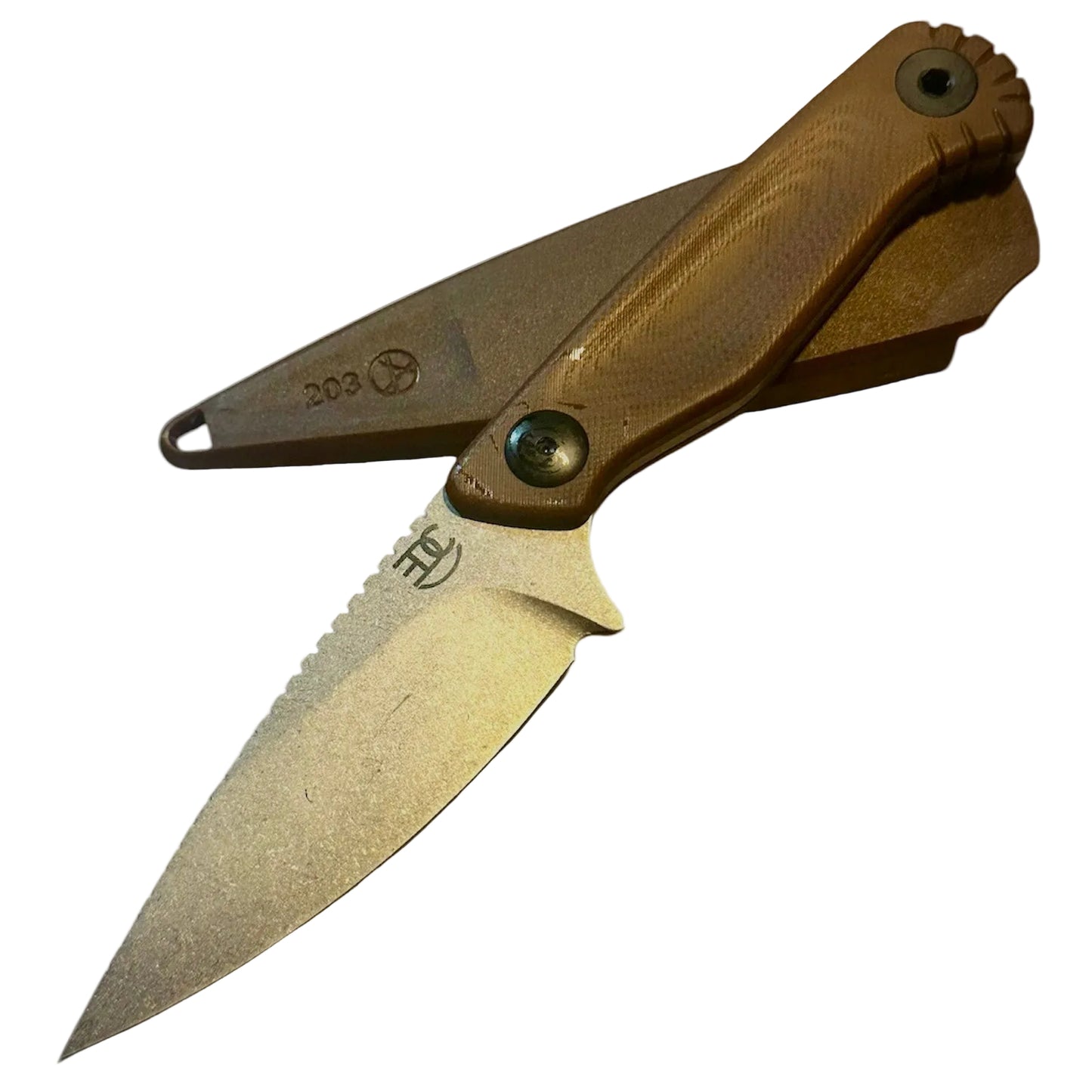 Folding knife with a brown handle and blade on a light gray background