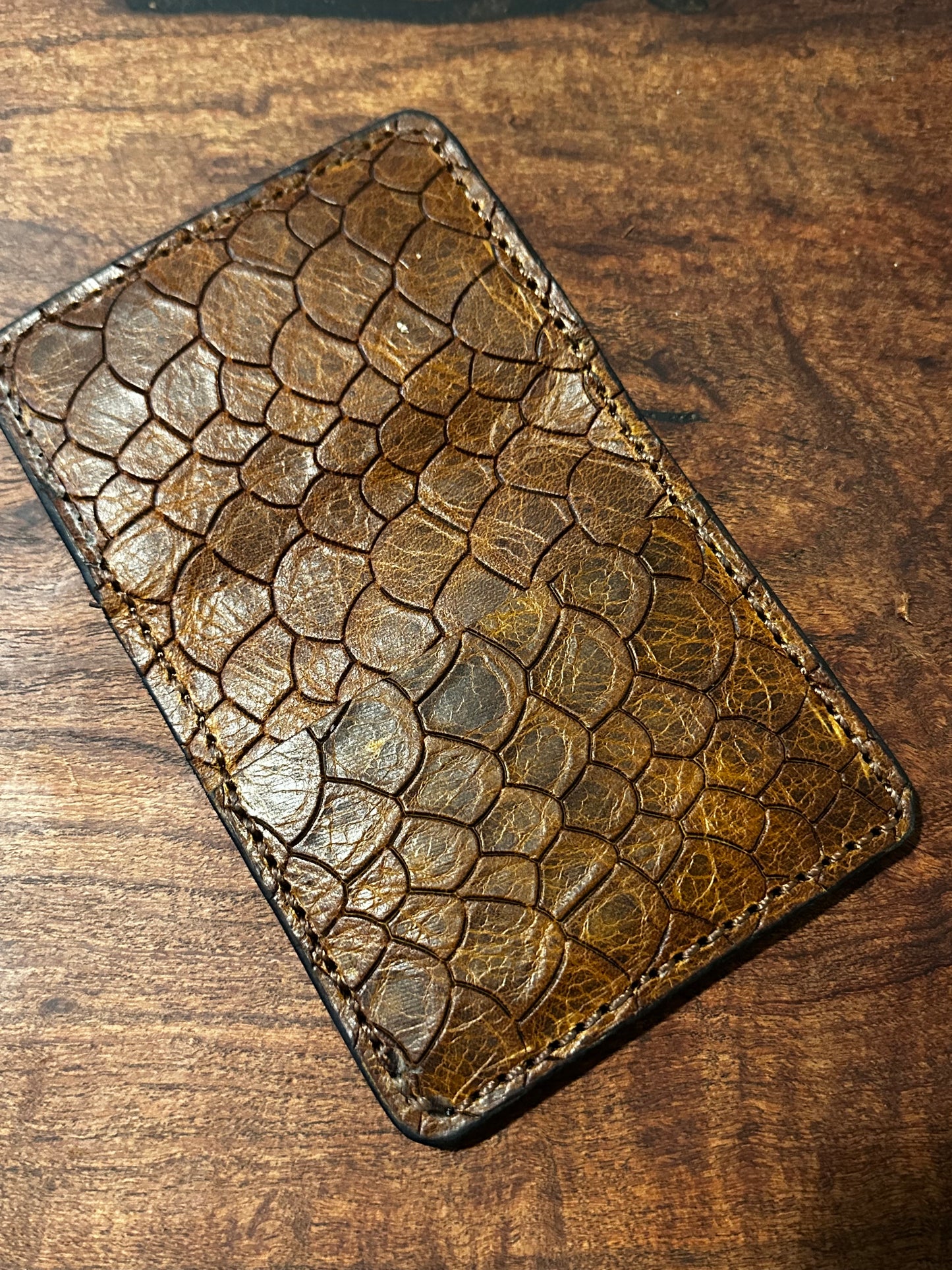 Handmade Brown Dragon Scale Leather Wallet Slim Bifold with ID Window