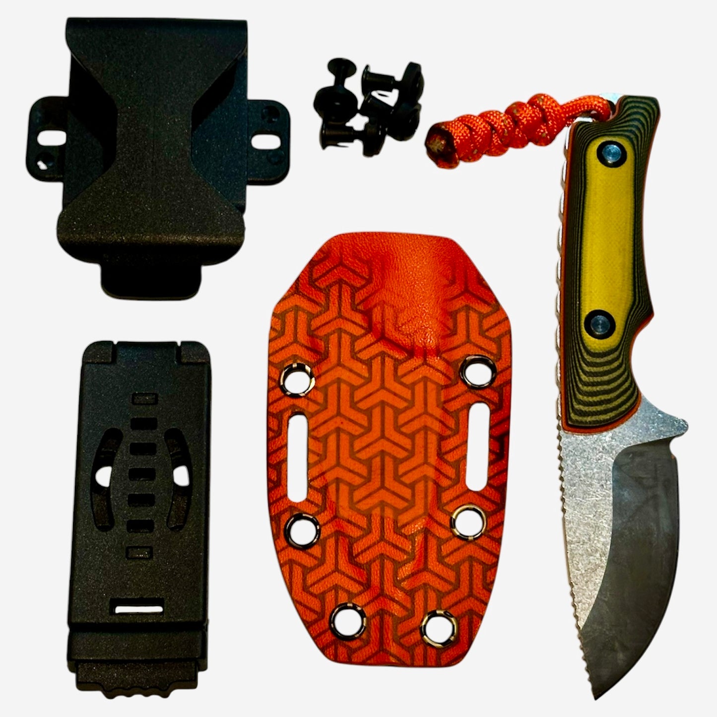 D2 Fixed Blade EDC Knife w/ Custom Orange Triangle Pattern Kydex Sheath G10 Handle Dual Carry Clips 6.3”
