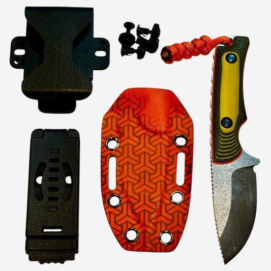 D2 Fixed Blade EDC Knife w/ Custom Orange Triangle Pattern Kydex Sheath G10 Handle Dual Carry Clips 6.3”
