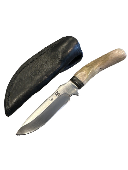 RockinEDC Handmade D2 Steel Hunting Knife – Whitetail Antler Handle w/ Handmade Floral Pattern Leather Sheath (007)