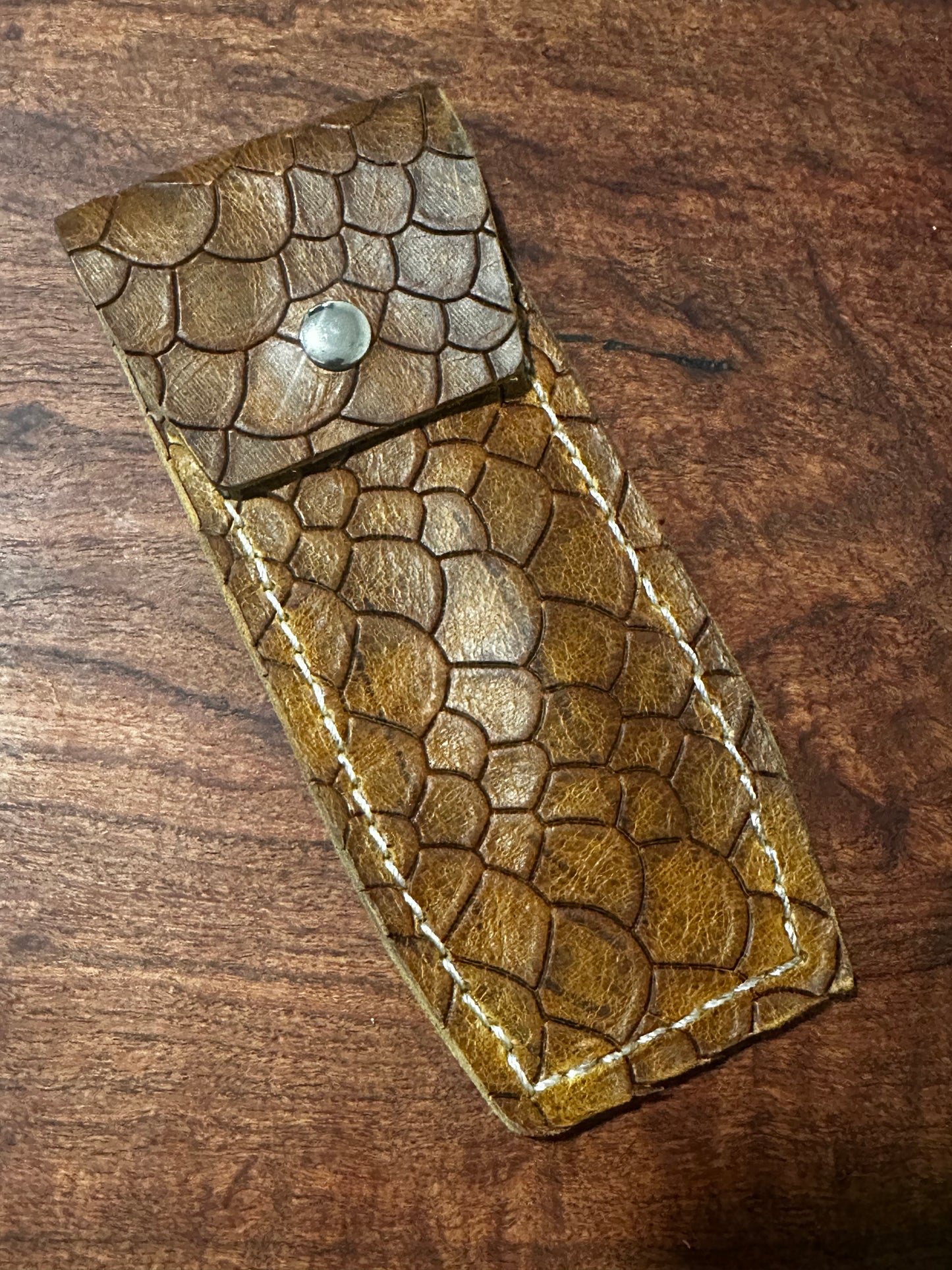 Handmade Brown Dragon Scale Leather Pen Case Two-Pen EDC Pouch White Stitching RockinEDC
