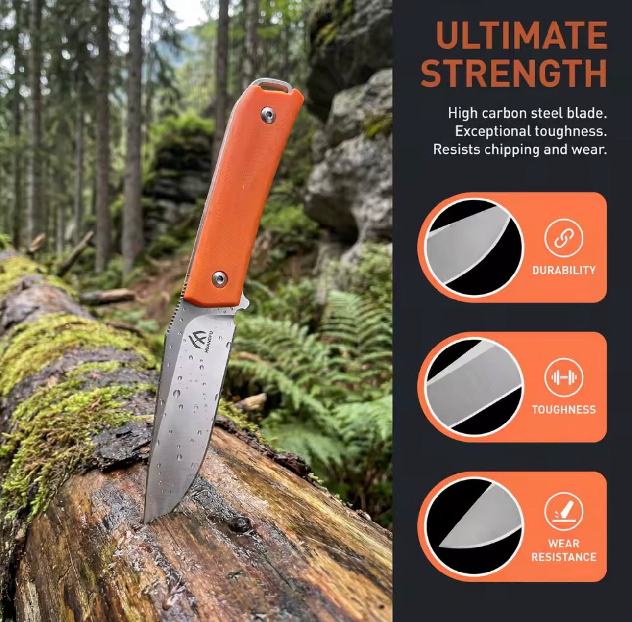 HungFu G10 Fixed Blade Stainless Steel Knife – Orange Handle w/ Sheath 7.5” Ovetall