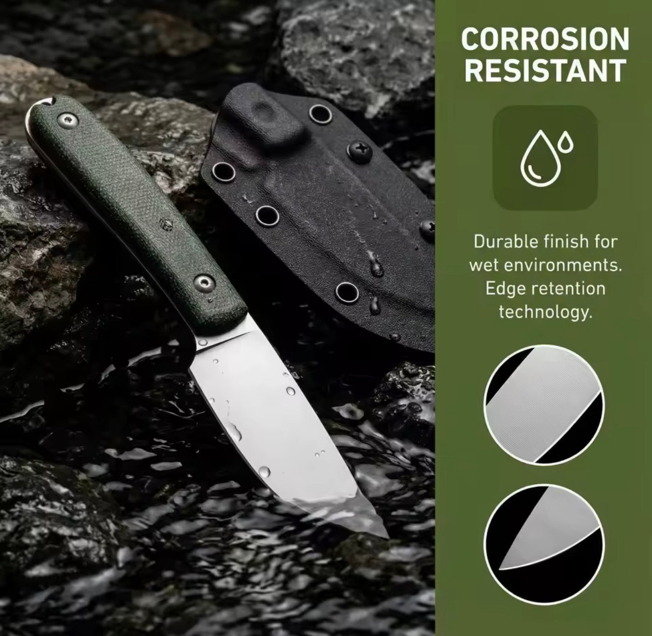 HungFu 7” Fixed Blade Knife – Green G10 Handle w/ Kydex Sheath