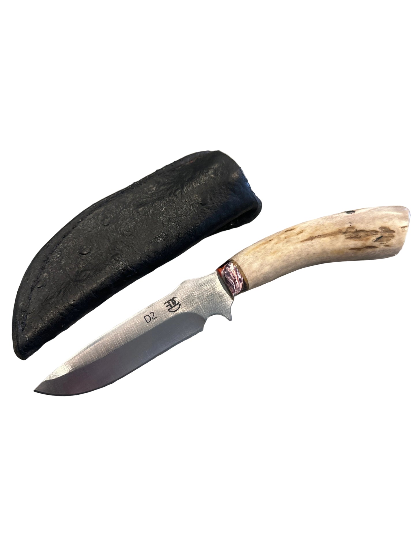 RockinEDC Handmade D2 Steel Hunting Knife – Whitetail Antler Handle w/ Handmade Ostrich Pattern Leather Sheath (002)