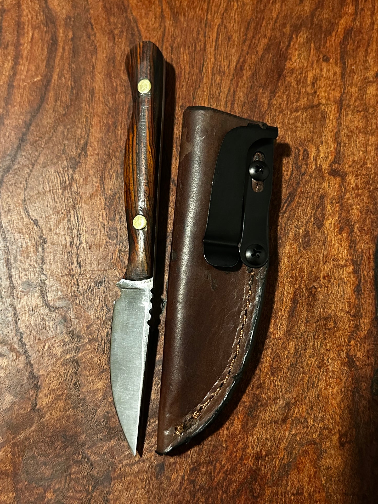 Flaco Fixed Blade Knife 80CrV2 High Carbon Steel Cocobolo handle & leather sheath Texas Made