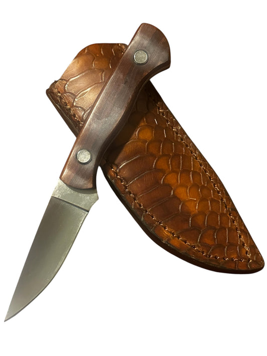 Fixed Blade Hunting Knife – 8Cr13MoV Steel w/ Wood Handle & Leather Sheath (7.8”)