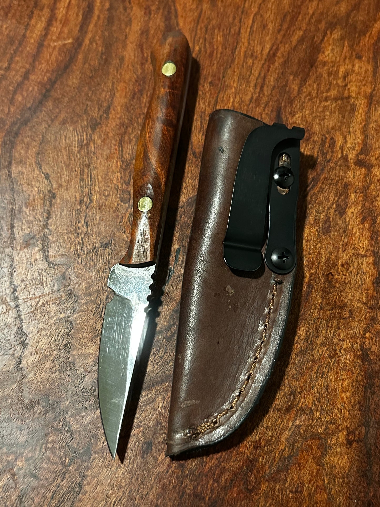 Flaco Fixed Blade Knife 80CrV2 High Carbon Steel Mesquite handle & leather sheath Texas Made