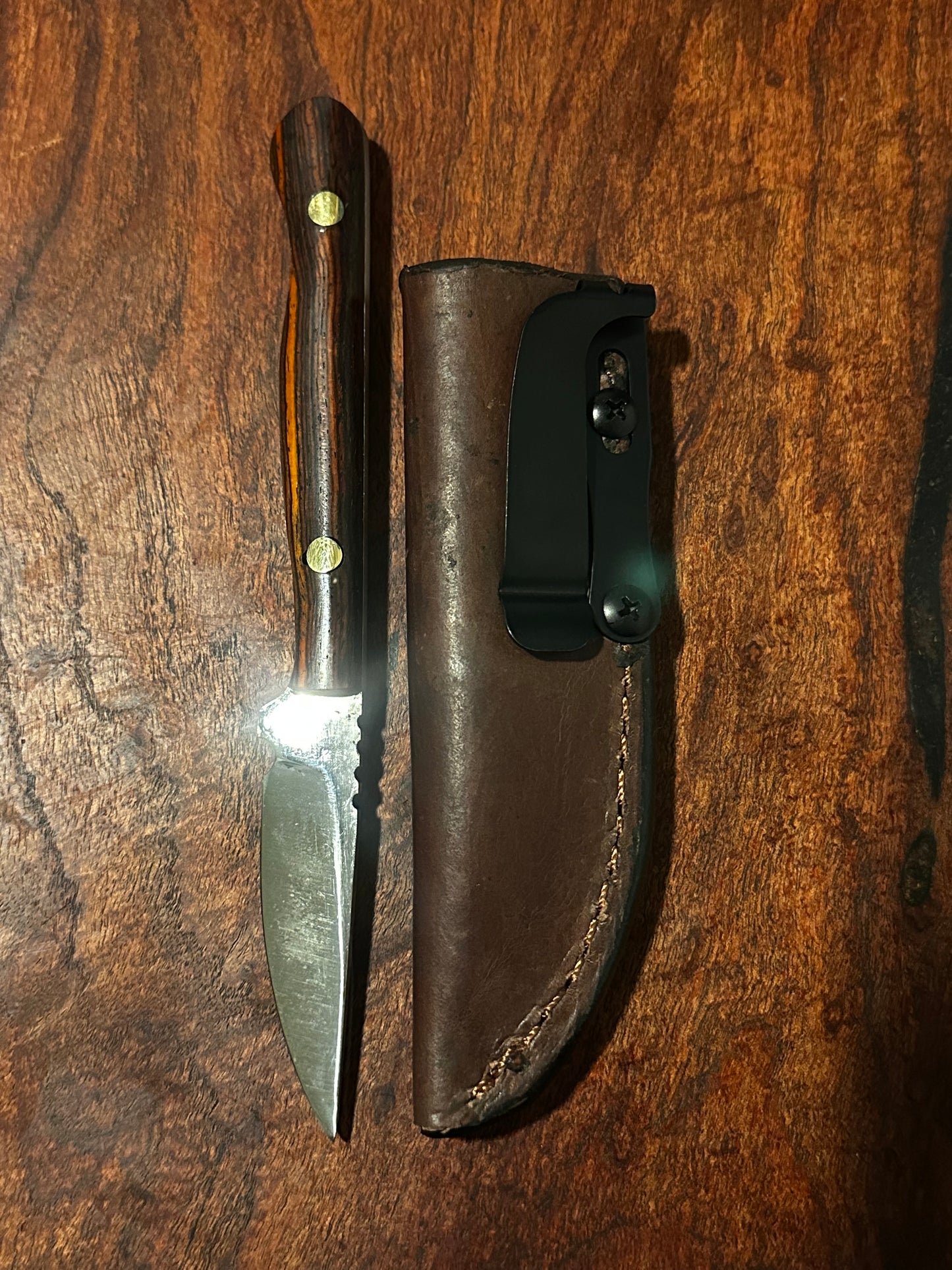 RockinEDC Flaco Fixed Blade Knife 80CrV2 High Carbon Steel Cocobolo handle & leather sheath Texas Made