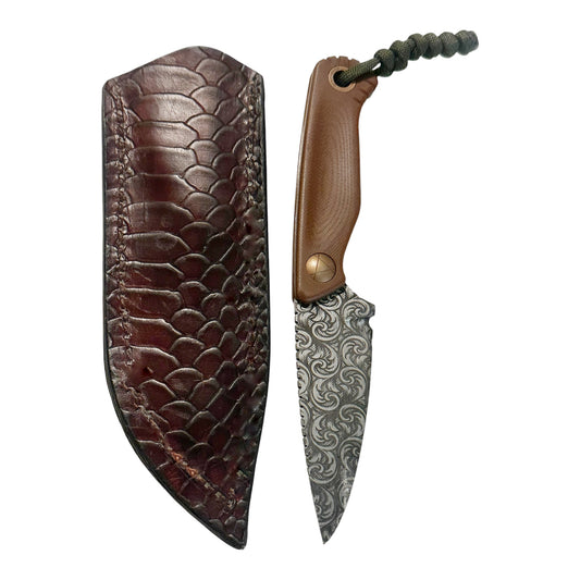 7” Floral Engraved Fixed Blade Knife Brown G10 Handle Handmade Leather Sheath Includes RockinEDC Steel Wax
