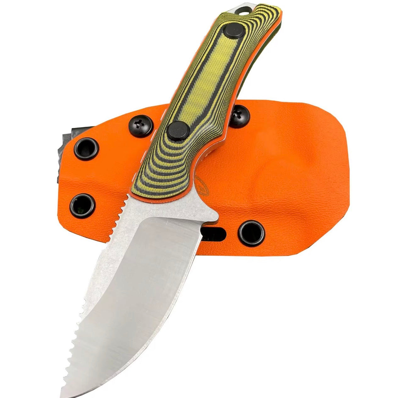 D2 Fixed Blade EDC Knife w/ Custom Orange Triangle Pattern Kydex Sheath G10 Handle Dual Carry Clips 6.3”
